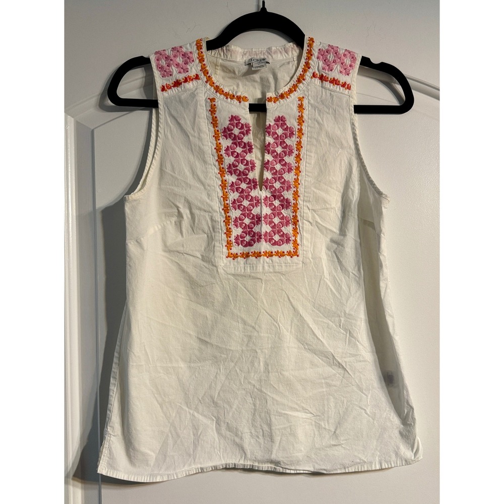 J.Crew Sleeveless Top Womens 2 White Pink Orange Excellent Embroidered